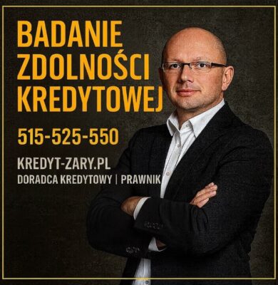Badanie zdolności kredytowej – profesjonalny doradca kredytowy i prawnik z Żar prezentuje usługę analizy finansowej pomagającej w uzyskaniu kredytu hipotecznego. Grafika informacyjna z numerem telefonu 515-525-550 podkreśla eksperckie wsparcie i rzetelną ocenę zdolności.