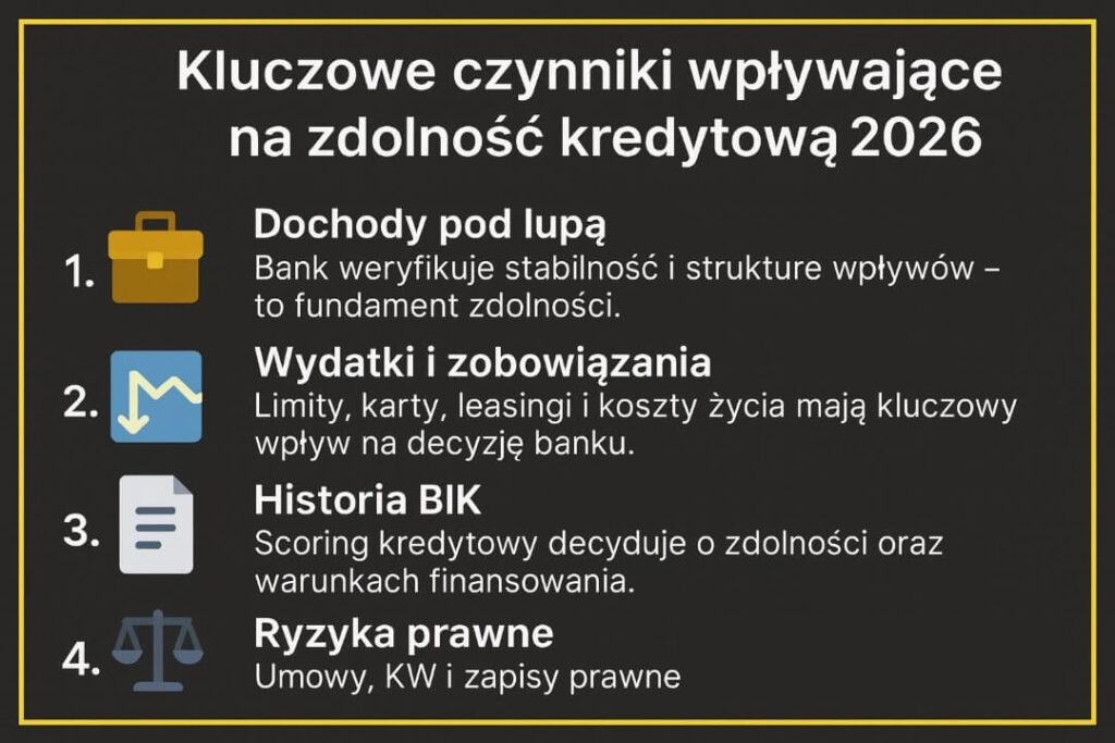 Badanie zdolności kredytowej przedstawione jako analiza dochodów, wydatków, historii BIK oraz ryzyk prawnych. Infografika pokazuje cztery kluczowe obszary oceniane przez bank w 2026 roku, podkreślając znaczenie stabilności finansowej i prawidłowej dokumentacji klienta.