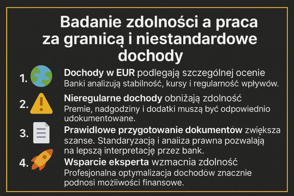 Badanie zdolności kredytowej w kontekście dochodów zagranicznych i nieregularnych przedstawiono jako analizę stabilności wpływów, ryzyk oraz właściwego przygotowania dokumentów. Infografika podkreśla wpływ wsparcia eksperta i optymalizacji dochodów na szanse uzyskania kredytu.