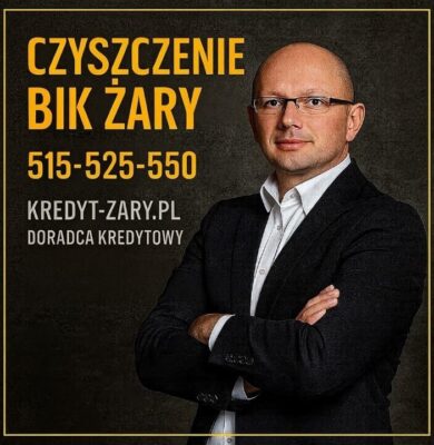 Grafika prezentuje usługę czyszczenia BIK w Żarach, oferowaną przez doświadczonego doradcę kredytowego. Przedstawiony ekspert wspiera klientów w poprawie historii kredytowej oraz zwiększeniu zdolności kredytowej. Widoczny numer kontaktowy 515-525-550 ułatwia szybki kontakt.