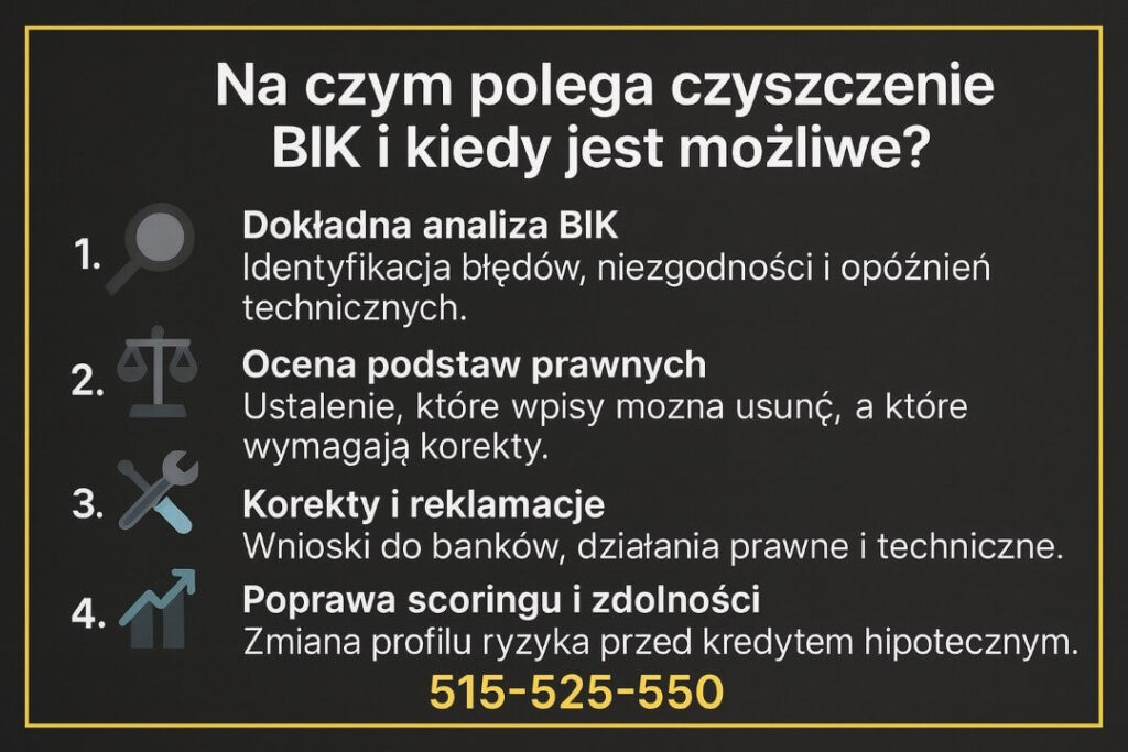 Grafika wyjaśnia, na czym polega czyszczenie BIK Żary: analiza błędów w historii, ocena podstaw prawnych do usunięcia wpisów, składanie korekt i reklamacji oraz działania poprawiające scoring. Przedstawia proces, który prowadzi do zwiększenia zdolności kredytowej klienta.