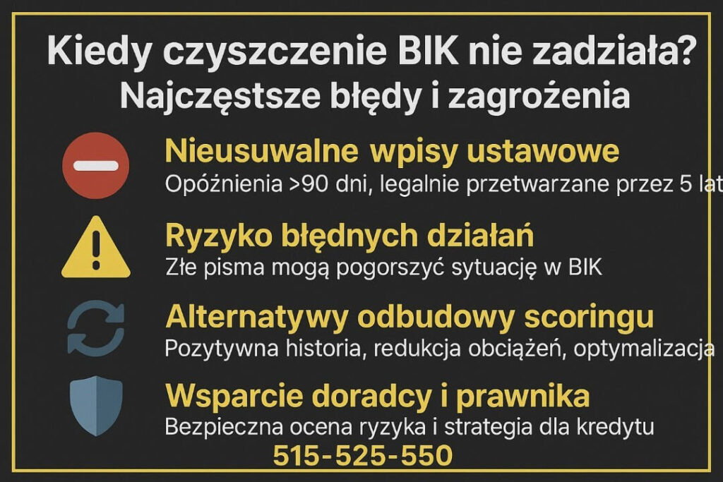 Infografika pokazuje sytuacje, w których czyszczenie BIK Żary nie przynosi efektów: nieusuwalne ustawowo wpisy, ryzyko błędnych działań, alternatywne strategie odbudowy scoringu oraz znaczenie wsparcia doradcy i prawnika. Podkreśla bezpieczeństwo procesu naprawczego.