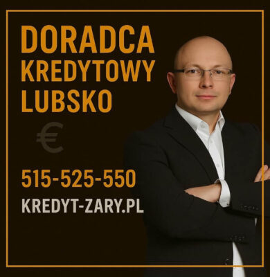 Profesjonalna grafika przedstawiająca doradcę kredytowego i prawnika obsługującego klientów w Lubsku. Na obrazie widoczny jest doradca w garniturze na ciemnym tle, złota ramka, napis Doradca Kredytowy Lubsko oraz numer telefonu 515-525-550 do kontaktu.