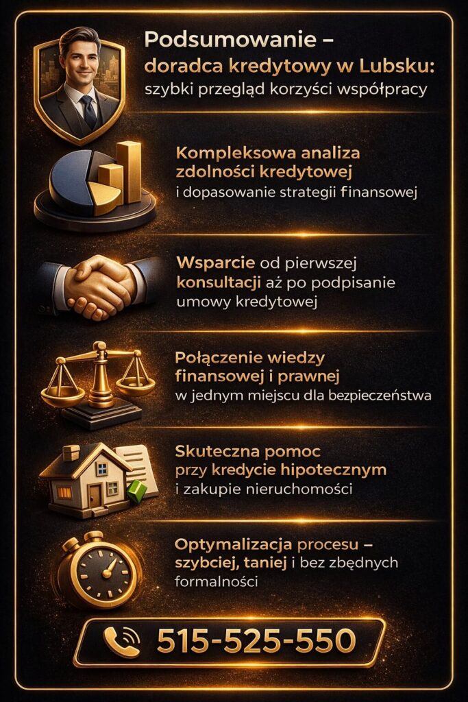 Doradca kredytowy Lubsko przedstawia kompleksowe podsumowanie współpracy – analiza zdolności kredytowej, wsparcie od konsultacji do podpisania umowy oraz optymalizacja kosztów kredytu hipotecznego. Profesjonalne doradztwo finansowe i prawne w jednym miejscu dla klientów.