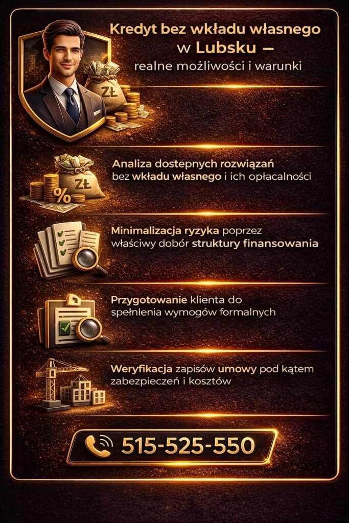 Doradca kredytowy Lubsko pomaga uzyskać kredyt hipoteczny bez wkładu własnego poprzez analizę dostępnych rozwiązań i minimalizację ryzyka. Wsparcie obejmuje przygotowanie klienta, dokumentów oraz weryfikację umowy pod kątem kosztów i zabezpieczeń.