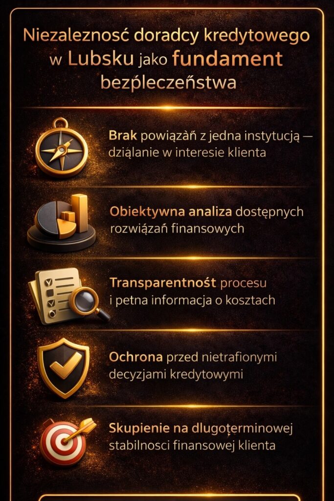 Ekspert kredytowy w Lubsku działa niezależnie, zapewniając obiektywną analizę ofert i pełną transparentność kosztów. Doradztwo finansowe ukierunkowane na bezpieczeństwo klienta oraz ochronę przed błędnymi decyzjami kredytowymi i nadmiernymi zobowiązaniami.