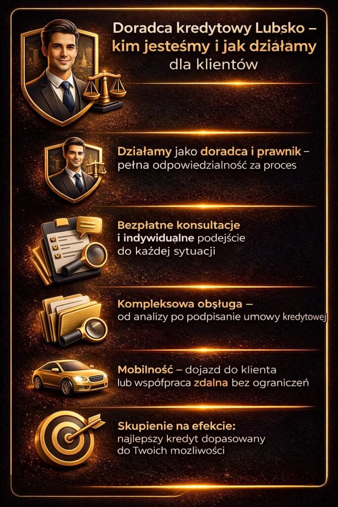Doradca kredytowy Lubsko oferuje bezpłatne konsultacje, kompleksową obsługę kredytu oraz mobilność działania. Wsparcie obejmuje analizę, dokumentację i finalizację umowy kredytowej, zapewniając klientowi bezpieczeństwo i optymalne warunki finansowania.