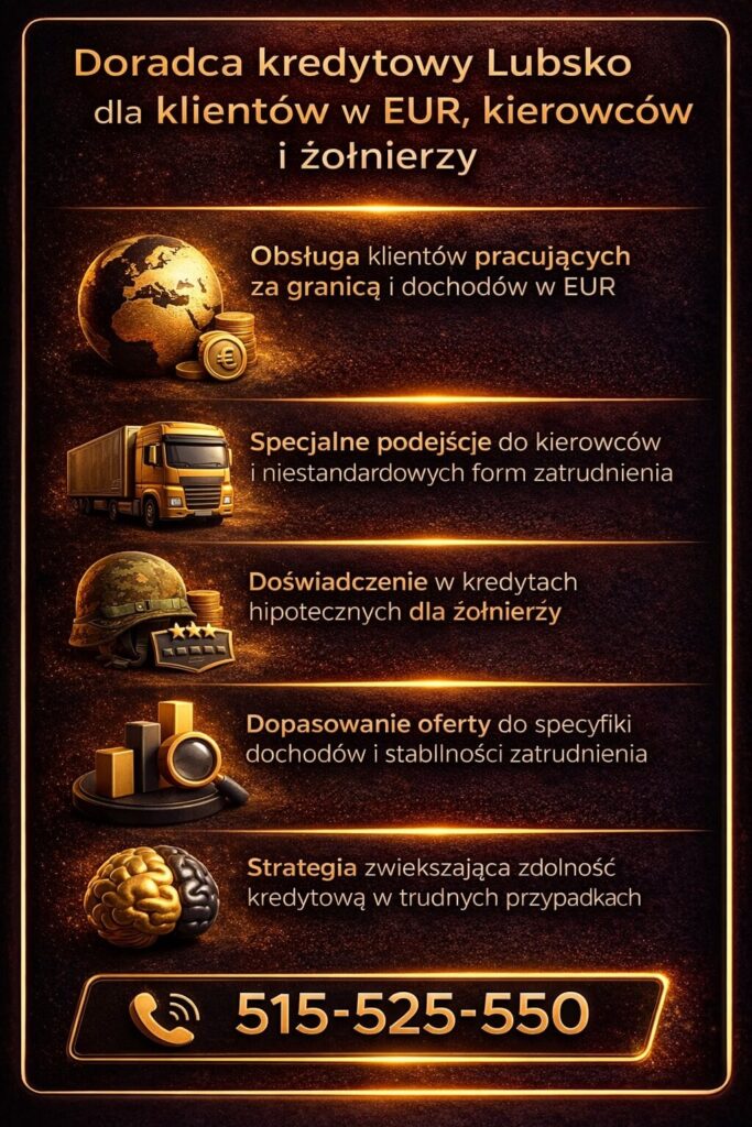 Doradca finansowy Lubsko obsługuje klientów pracujących za granicą oraz uzyskujących dochody w EUR. Specjalistyczne podejście do kierowców i żołnierzy pozwala dobrać kredyt hipoteczny dopasowany do niestandardowej sytuacji zawodowej.