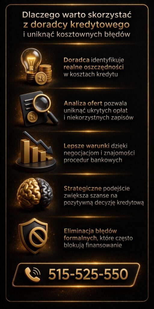 Doradca kredytowy Lubsko pomaga uniknąć błędów i obniżyć koszty kredytu dzięki analizie ofert, negocjacjom i strategii finansowej. Ekspert identyfikuje realne oszczędności oraz zwiększa szanse na pozytywną decyzję kredytową i lepsze warunki finansowania.