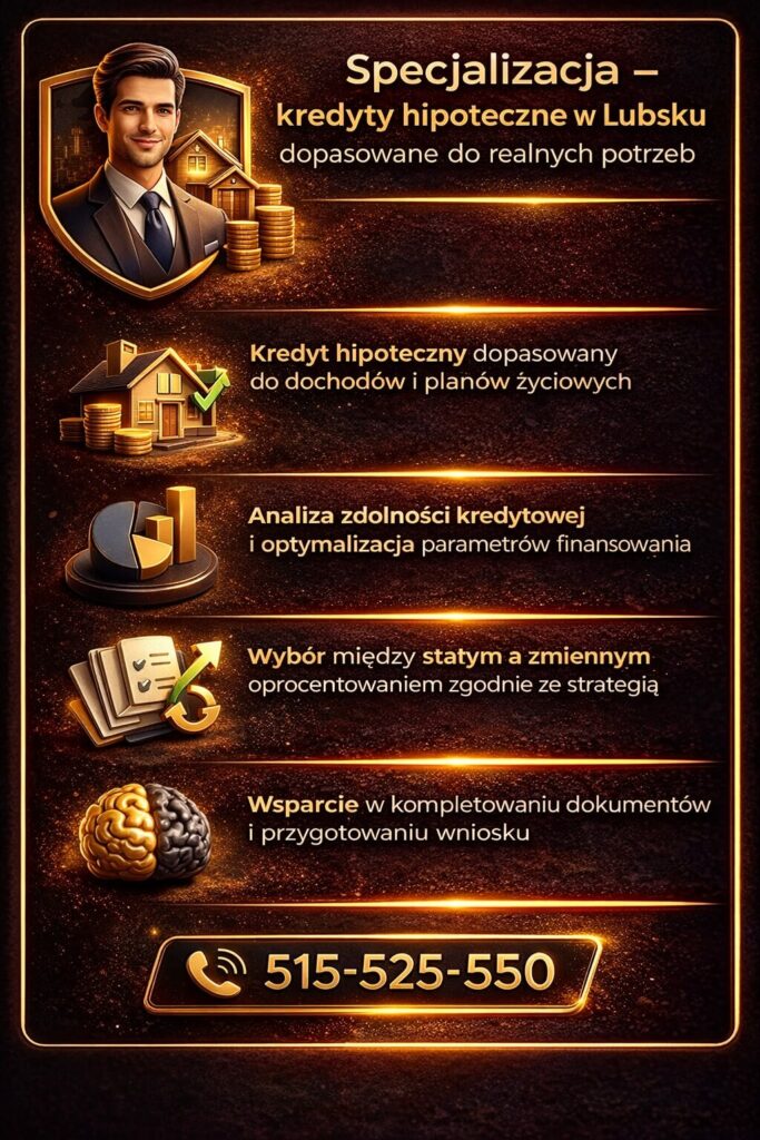 Doradca kredytowy Lubsko specjalizuje się w kredytach hipotecznych dopasowanych do potrzeb klienta. Analiza zdolności kredytowej, wybór oprocentowania oraz wsparcie w dokumentach pozwalają uzyskać korzystny kredyt na mieszkanie lub dom.