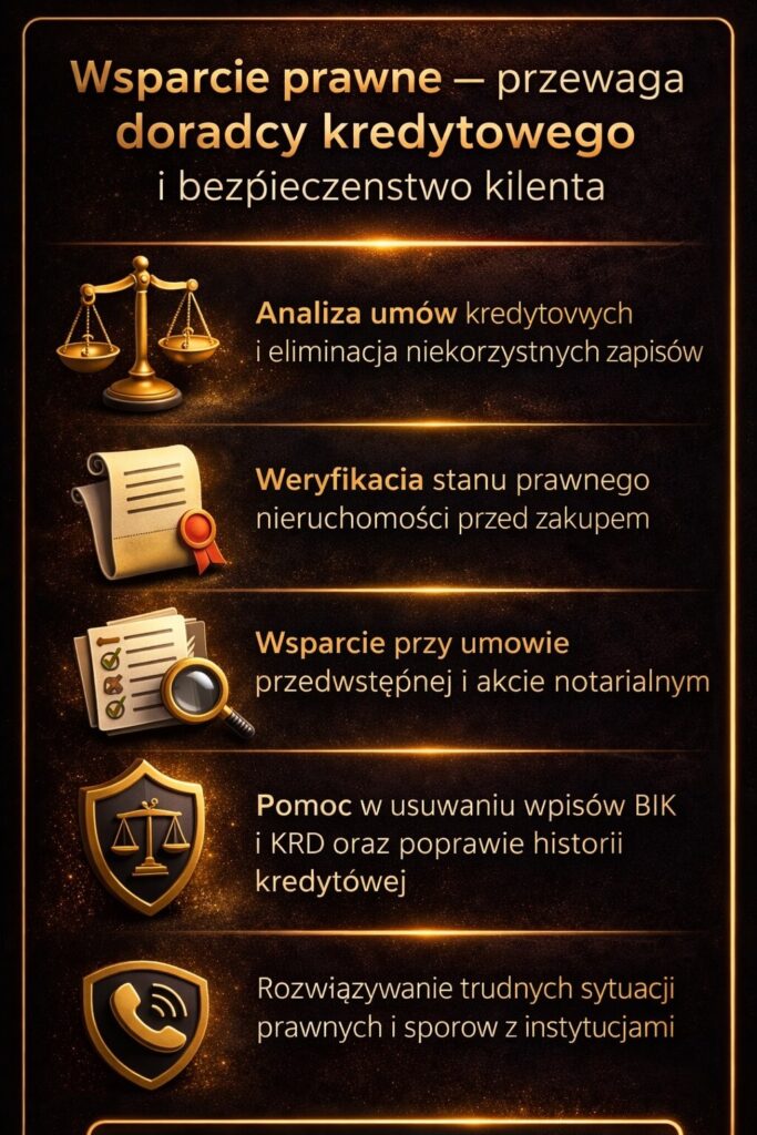 Doradca kredytowy Lubsko zapewnia wsparcie prawne w analizie umów kredytowych i weryfikacji nieruchomości. Pomaga eliminować niekorzystne zapisy, poprawia historię kredytową oraz wspiera klienta w procesie zakupu i podpisania aktu notarialnego.