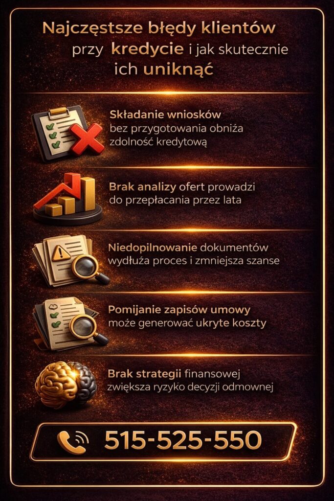 Ekspert kredytowy Lubsko wskazuje najczęstsze błędy przy kredycie hipotecznym, takie jak brak analizy ofert czy niedopilnowanie dokumentów. Profesjonalne doradztwo pozwala uniknąć ukrytych kosztów i zwiększyć szanse na pozytywną decyzję kredytową.