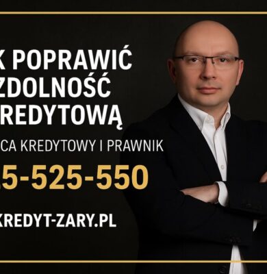 Doradca kredytowy i prawnik prezentujący hasło „Jak poprawić zdolność kredytową”. Złoto-czarna grafika z numerem telefonu 515-525-550 i adresem kredyt-zary.pl.