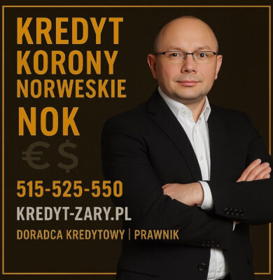 Grafika przedstawiająca doradcę kredytowego i prawnika specjalizującego się w kredytach w koronach norweskich NOK. Zdjęcie w eleganckiej, czarno-złotej stylistyce z numerem 515-525-550 oraz adresem kredyt-zary.pl podkreśla profesjonalne wsparcie w kredytach zagranicznych.