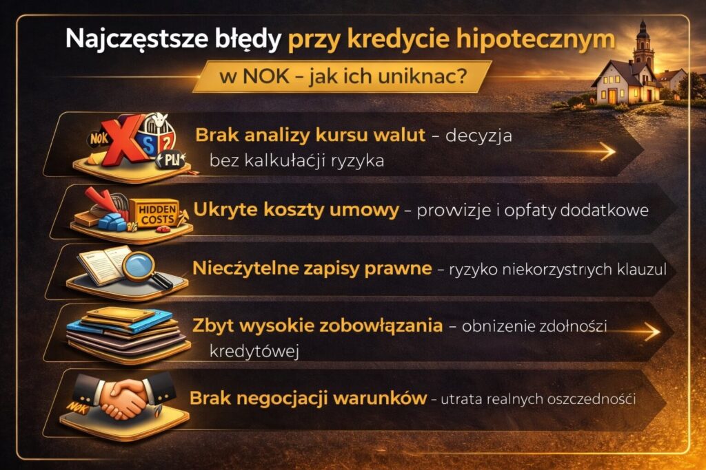 Infografika prezentująca najczęstsze błędy przy wyborze kredyt korony norweskie NOK. Grafika pokazuje brak analizy kursu walut, ukryte koszty w umowie kredytowej, nieczytelne zapisy prawne, zbyt wysokie zobowiązania oraz brak negocjacji warunków finansowania nieruchomości.
