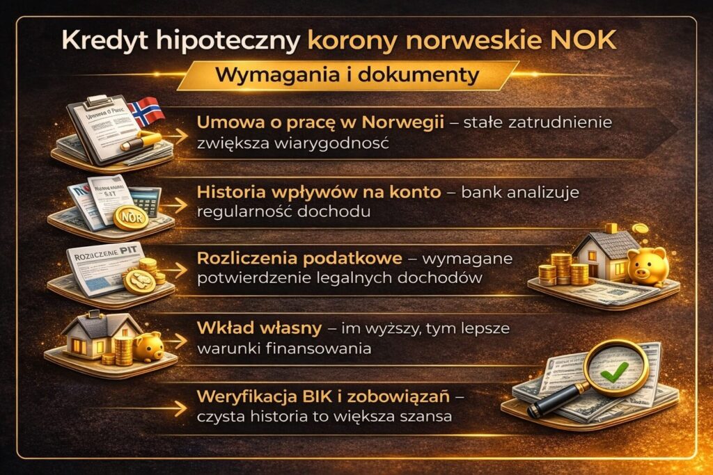 Infografika przedstawiająca wymagania banków dla kredyt korony norweskie NOK. Grafika pokazuje potrzebne dokumenty: umowę o pracę w Norwegii, historię wpływów na konto, rozliczenia podatkowe, wkład własny oraz weryfikację BIK i zobowiązań jako element oceny zdolności kredytowej.