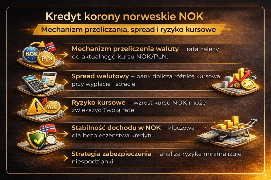 Infografika wyjaśniająca działanie hipoteki w koronach norweskich NOK. Grafika pokazuje mechanizm przeliczania waluty NOK/PLN, spread bankowy, ryzyko kursowe wpływające na wysokość rat oraz znaczenie stabilnego dochodu w NOK dla bezpieczeństwa kredytu hipotecznego.