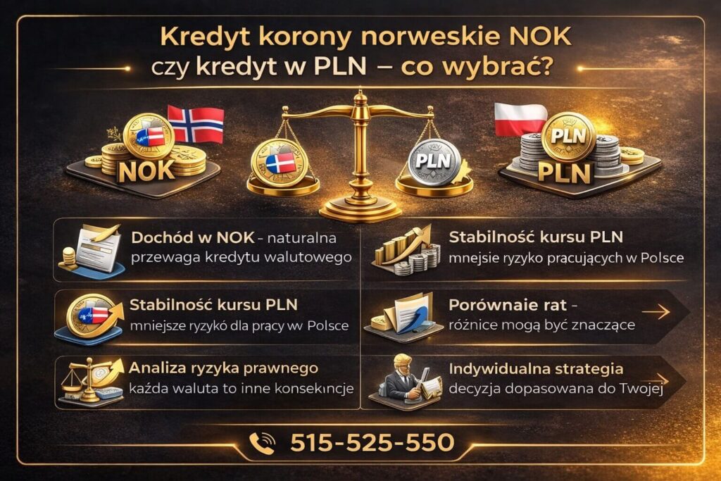 Grafika porównująca kredyt korony norweskie NOK czy kredyt w PLN. Infografika prezentuje różnice w stabilności kursu, wpływ dochodu w NOK na zdolność kredytową, porównanie rat oraz konieczność indywidualnej analizy ryzyka przed wyborem waluty finansowania.