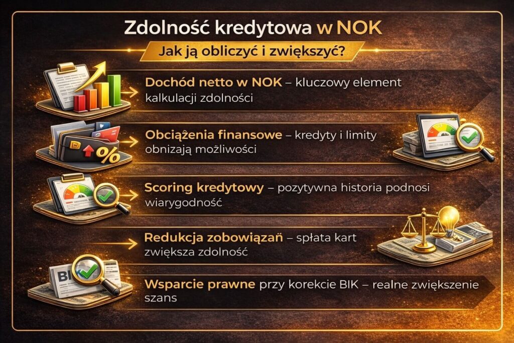 Infografika pokazująca jak zwiększyć zdolność kredytową przy finansowaniu kredyt korony norweskie NOK. Grafika prezentuje znaczenie dochodu netto w NOK, wpływ zobowiązań finansowych, scoring kredytowy, redukcję zadłużenia oraz wsparcie prawne przy korekcie BIK zwiększające szanse na kredyt hipoteczny.