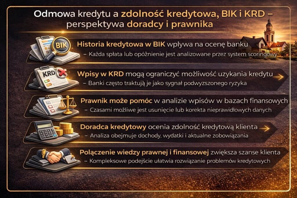 Infografika wyjaśniająca jak odmowa udzielenia kredytu może być powiązana z historią w BIK i wpisami w KRD. Grafika pokazuje analizę zdolności kredytowej, rolę doradcy finansowego oraz wsparcie prawnika przy interpretacji danych z baz finansowych i poprawie sytuacji kredytowej klienta.
