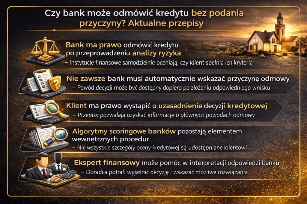 Grafika informacyjna wyjaśniająca czy bank może podjąć decyzję o odmowie udzielenia kredytu bez podania przyczyny. Infografika omawia analizę ryzyka bankowego, procedury scoringowe oraz prawo klienta do uzyskania uzasadnienia decyzji kredytowej po złożeniu odpowiedniego wniosku.