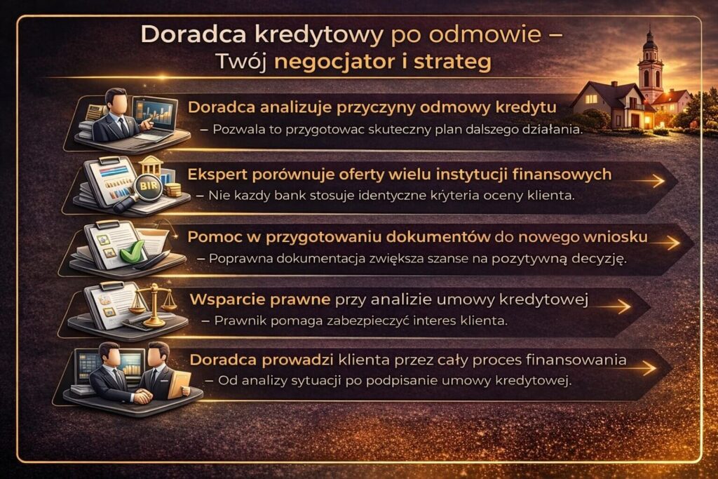 Infografika przedstawiająca rolę doradcy finansowego po decyzji o odmowie udzielenia kredytu. Grafika pokazuje analizę przyczyn odmowy, porównanie ofert banków, przygotowanie dokumentów do nowego wniosku kredytowego oraz wsparcie prawne przy analizie umowy finansowej.