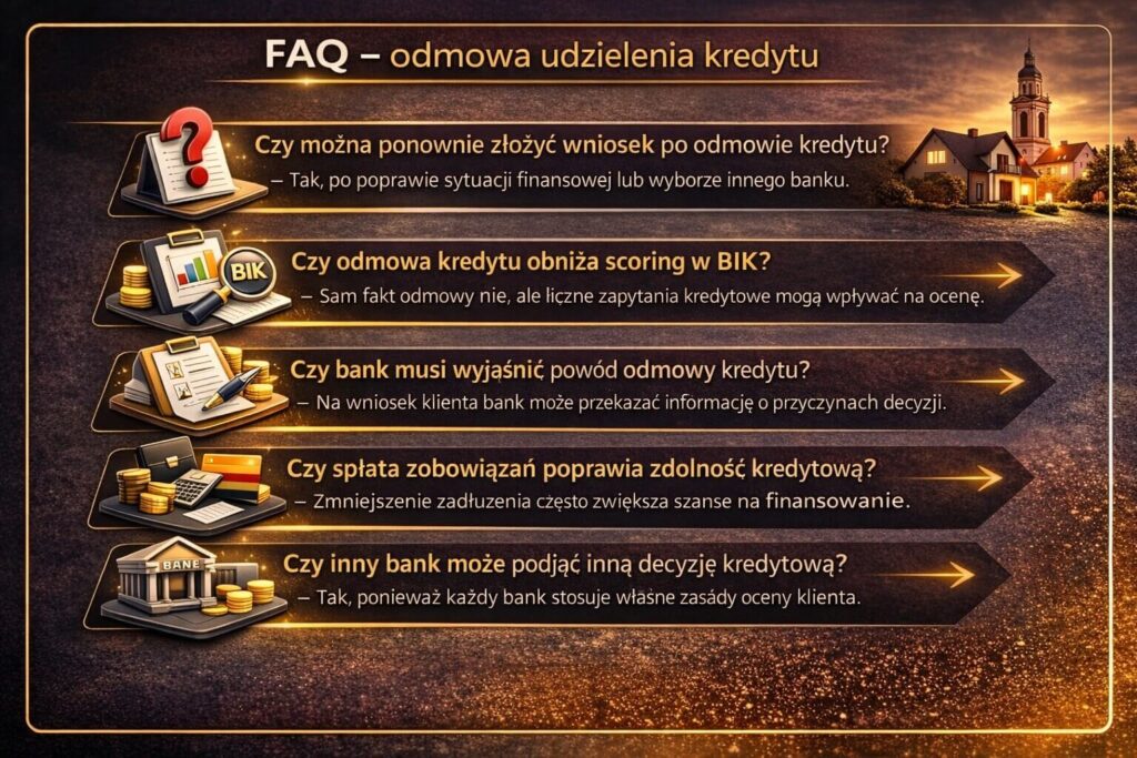Sekcja FAQ wyjaśniająca najczęstsze pytania dotyczące sytuacji jaką jest odmowa udzielenia kredytu. Infografika omawia możliwość ponownego wniosku, wpływ zapytań na scoring BIK, wyjaśnienie decyzji banku oraz sposoby poprawy zdolności kredytowej przed kolejną próbą finansowania.