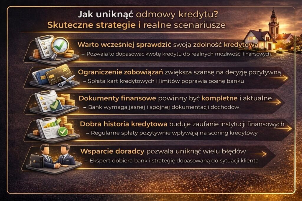 Infografika przedstawiająca strategie jak uniknąć sytuacji takiej jak odmowa udzielenia kredytu. Grafika pokazuje znaczenie sprawdzenia zdolności kredytowej, ograniczenia zobowiązań finansowych, przygotowania kompletnej dokumentacji dochodowej oraz wsparcia doradcy kredytowego.