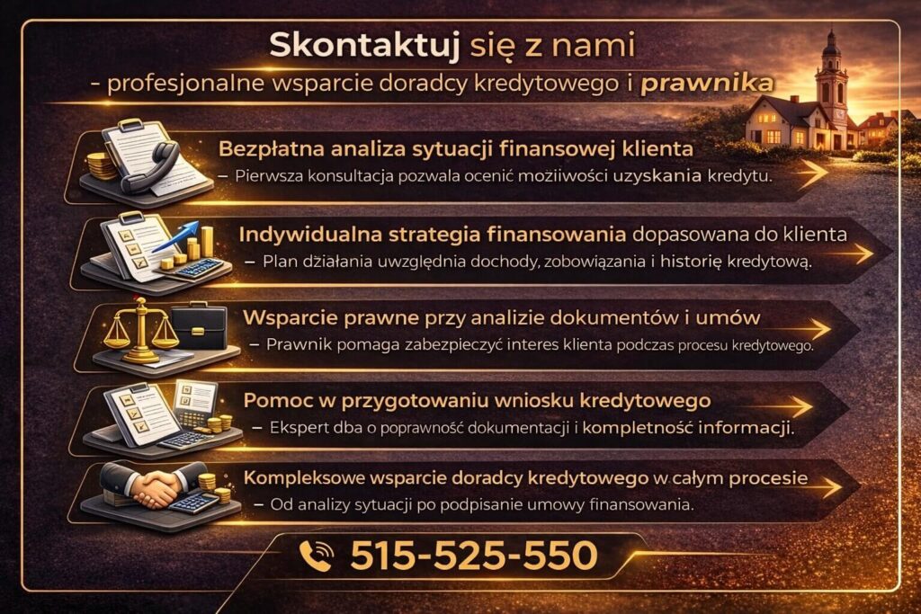 Grafika zachęcająca do kontaktu z ekspertem finansowym po decyzji o odmowie udzielenia kredytu. Infografika przedstawia bezpłatną analizę sytuacji finansowej klienta, opracowanie strategii finansowania, wsparcie prawne przy dokumentach kredytowych oraz pomoc przy przygotowaniu wniosku.