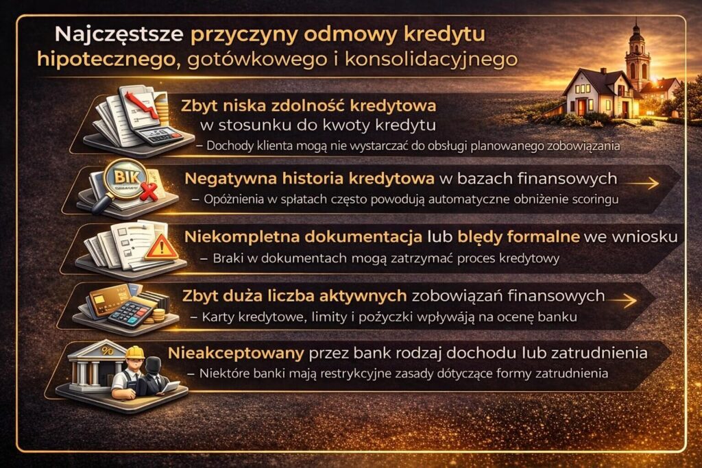 Infografika przedstawiająca najczęstsze powody negatywnej decyzji banku w sprawie kredytu. Grafika pokazuje niską zdolność kredytową, negatywną historię w BIK, błędy w dokumentach wniosku oraz zbyt dużą liczbę aktywnych zobowiązań finansowych wpływających na ocenę klienta.