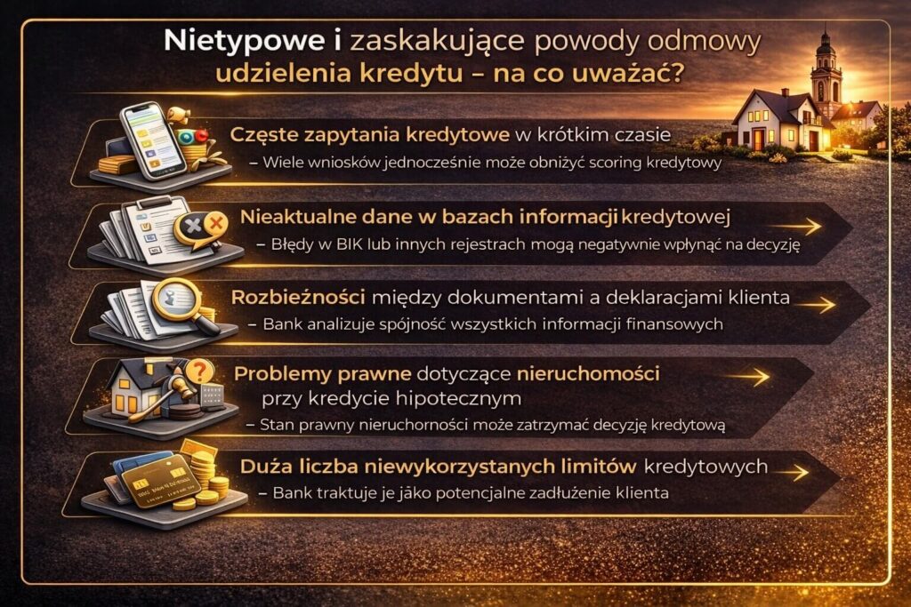 Infografika opisująca mniej oczywiste powody odrzucenia wniosku kredytowego przez bank. Grafika pokazuje częste zapytania kredytowe, nieaktualne dane w bazach finansowych, niespójność dokumentów klienta oraz problemy prawne związane z nieruchomością przy kredycie hipotecznym.