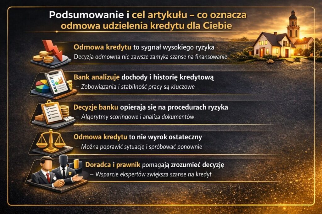 Infografika podsumowująca znaczenie decyzji odmownej banku w procesie kredytowym. Grafika wyjaśnia że decyzja negatywna nie zawsze kończy możliwość finansowania i pokazuje rolę analizy dochodów, historii kredytowej oraz wsparcia doradcy finansowego i prawnika.