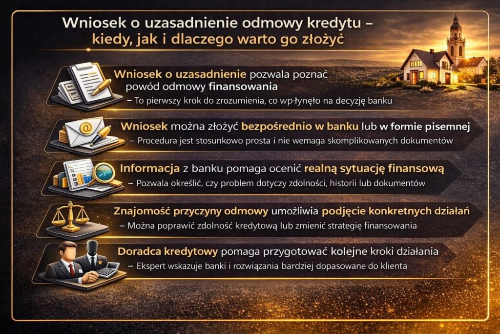 Infografika przedstawiająca procedurę złożenia wniosku o uzasadnienie decyzji kredytowej banku. Grafika pokazuje jak uzyskać informację o powodach odrzucenia wniosku, przeanalizować sytuację finansową klienta oraz przygotować strategię do ponownego ubiegania się o kredyt.