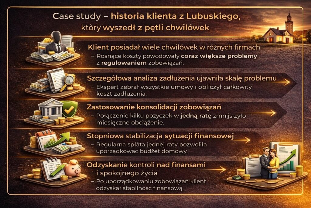 Case study pokazujące, jak wygląda pętla chwilówek na przykładzie klienta z Lubuskiego. Infografika przedstawia analizę zadłużenia, konsolidację zobowiązań, stabilizację budżetu domowego oraz odzyskanie kontroli nad finansami dzięki uporządkowaniu wielu pożyczek.