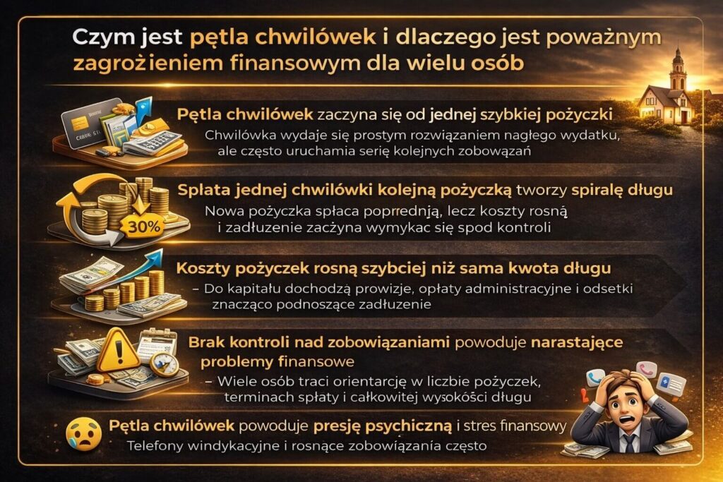 Infografika wyjaśniająca czym jest pętla chwilówek i dlaczego stanowi poważne zagrożenie finansowe. Pokazuje mechanizm powstawania spirali zadłużenia, rosnące koszty pożyczek pozabankowych, utratę kontroli nad zobowiązaniami oraz presję psychiczną wynikającą z narastających długów.
