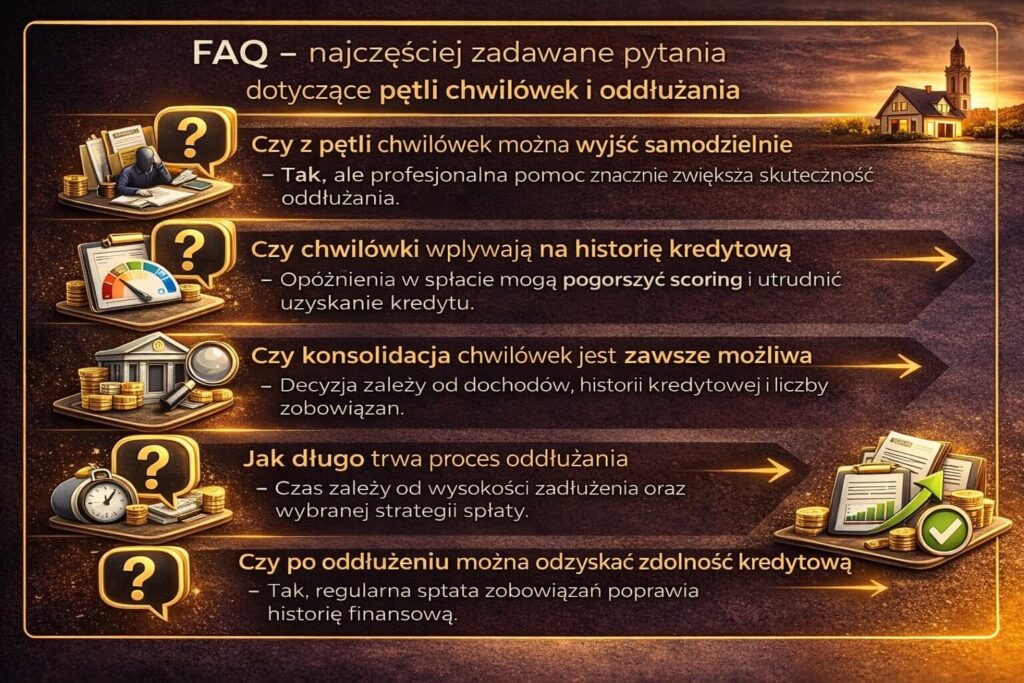 Sekcja FAQ wyjaśniająca najczęstsze pytania dotyczące pętli chwilówek. Infografika odpowiada na kwestie samodzielnego wychodzenia z zadłużenia, wpływu chwilówek na historię kredytową, możliwości konsolidacji zobowiązań oraz czasu potrzebnego na odzyskanie stabilności finansowej.