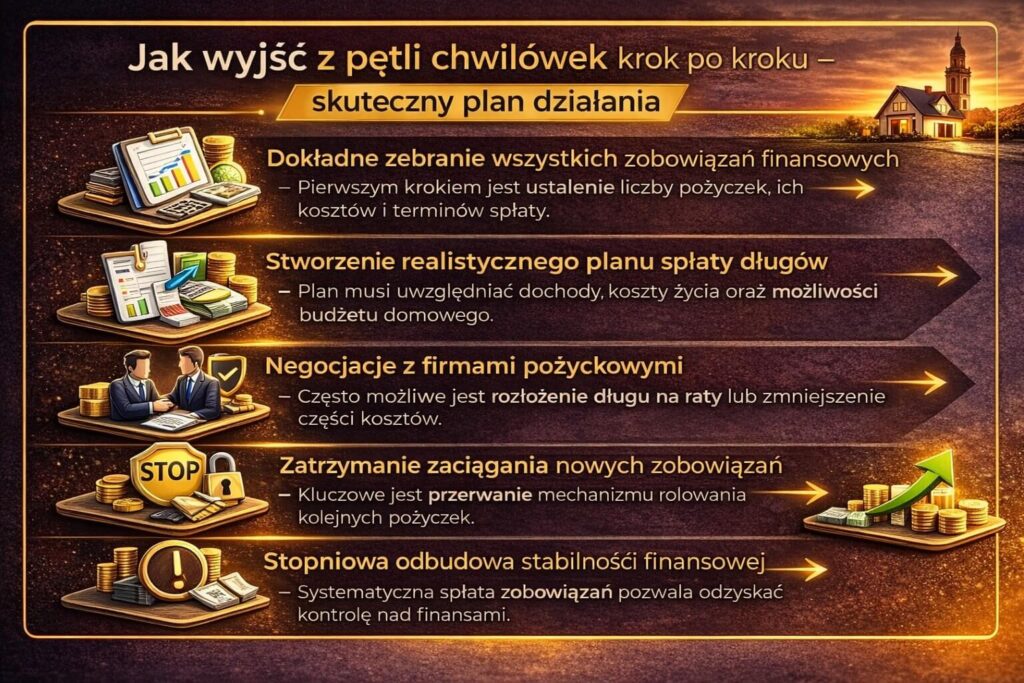 Infografika pokazująca jak wyjść z pętli chwilówek krok po kroku. Grafika przedstawia plan działania: zebranie wszystkich zobowiązań finansowych, stworzenie realistycznego planu spłaty długów, negocjacje z firmami pożyczkowymi, zatrzymanie nowych pożyczek oraz odbudowę stabilności finansowej.