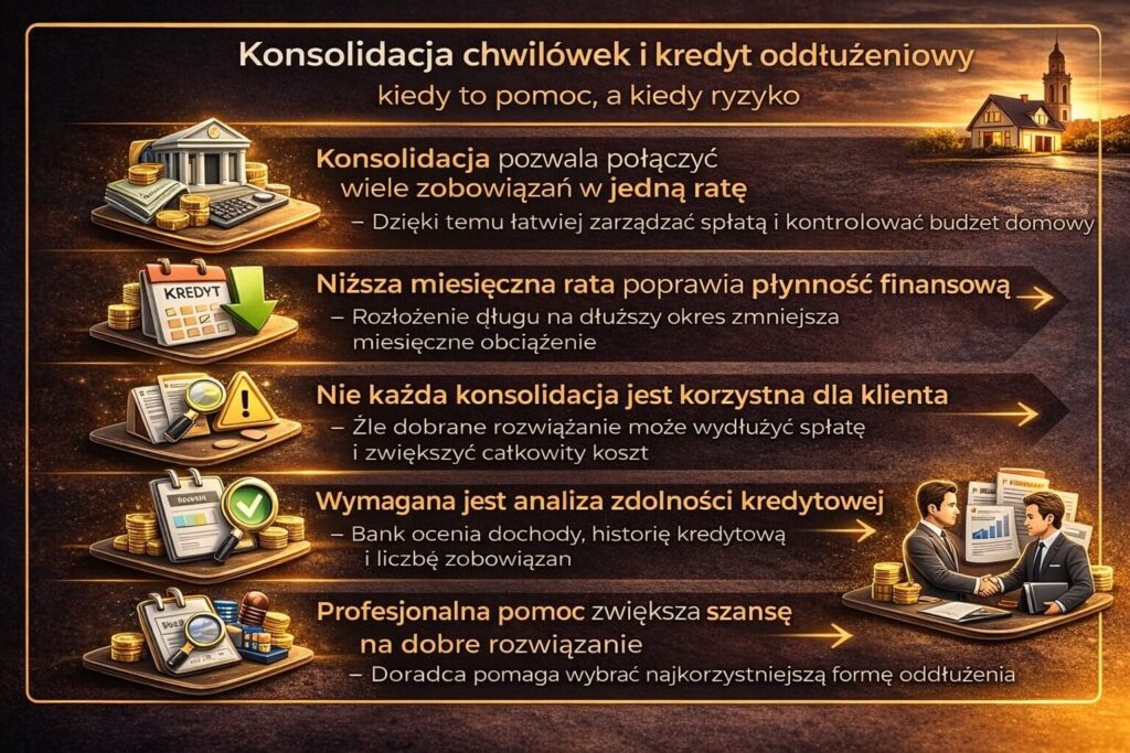 Infografika pokazująca jak konsolidacja może pomóc w sytuacji, gdy pojawia się pętla chwilówek. Grafika wyjaśnia łączenie zobowiązań w jedną ratę, wpływ niższego miesięcznego obciążenia na budżet domowy oraz znaczenie analizy zdolności kredytowej przed decyzją o oddłużaniu.