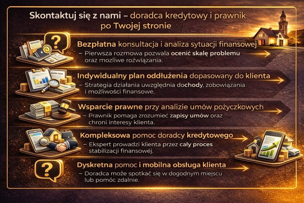 Grafika informacyjna zachęcająca do kontaktu w sytuacji gdy pojawia się pętla chwilówek. Przedstawia bezpłatną analizę sytuacji finansowej, indywidualny plan oddłużenia, wsparcie prawne przy umowach pożyczkowych oraz pomoc doradcy kredytowego w stabilizacji budżetu.