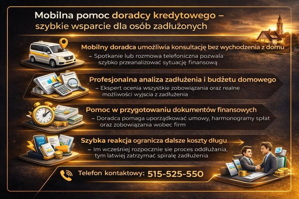 Infografika pokazująca mobilną pomoc dla osób dotkniętych spiralą zadłużenia z chwilówek. Przedstawia konsultacje z doradcą bez wychodzenia z domu, analizę budżetu i zobowiązań, wsparcie w dokumentach finansowych oraz szybkie działania pomagające zatrzymać narastające długi.