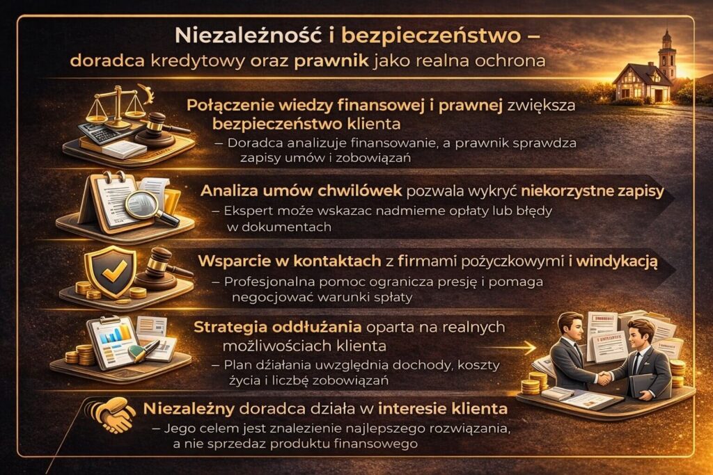 Grafika prezentująca jak wyjść ze spirali zadłużenia chwilówkami dzięki współpracy doradcy kredytowego i prawnika. Infografika pokazuje analizę umów pożyczkowych, negocjacje z firmami finansowymi oraz strategię oddłużania opartą na realnych możliwościach klienta.