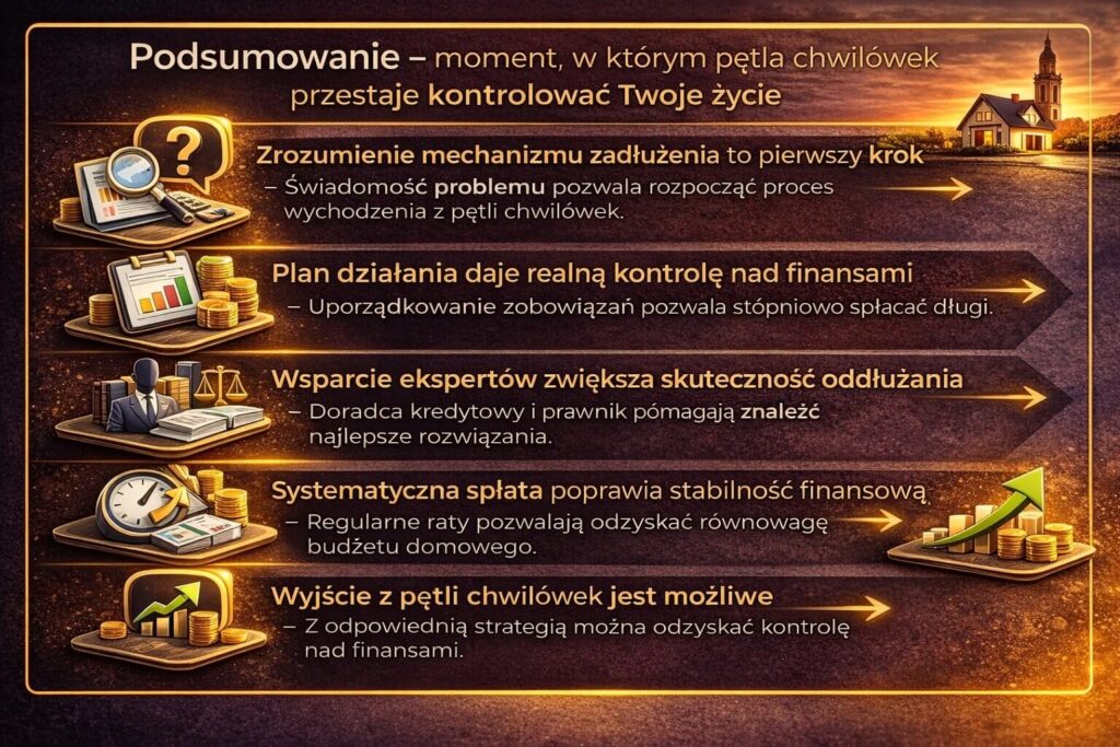 Infografika podsumowująca proces wychodzenia z zadłużenia chwilówkowego. Pokazuje znaczenie zrozumienia mechanizmu długu, stworzenia planu finansowego, wsparcia ekspertów oraz systematycznej spłaty zobowiązań prowadzącej do odzyskania stabilności finansowej.