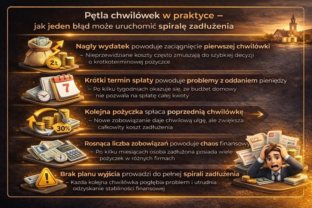 Grafika przedstawiająca jak powstaje spirala zadłużenia chwilówkami w praktyce. Infografika pokazuje mechanizm nagłego wydatku, pierwszej pożyczki, krótkiego terminu spłaty oraz zaciągania kolejnych zobowiązań prowadzących do utraty kontroli nad finansami.