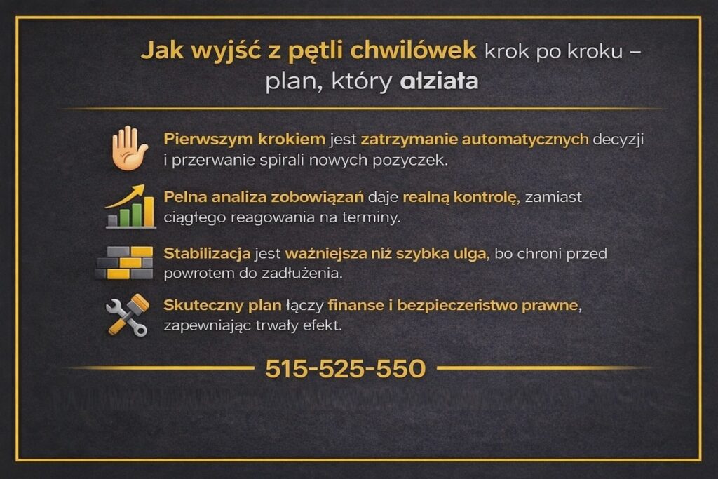 Wyjście z zadłużenia chwilówkami pokazane na grafice instruktażowej, która prezentuje skuteczny plan: zatrzymanie nowych pożyczek, pełną analizę zobowiązań, stabilizację budżetu oraz połączenie działań finansowych z bezpieczeństwem prawnym.