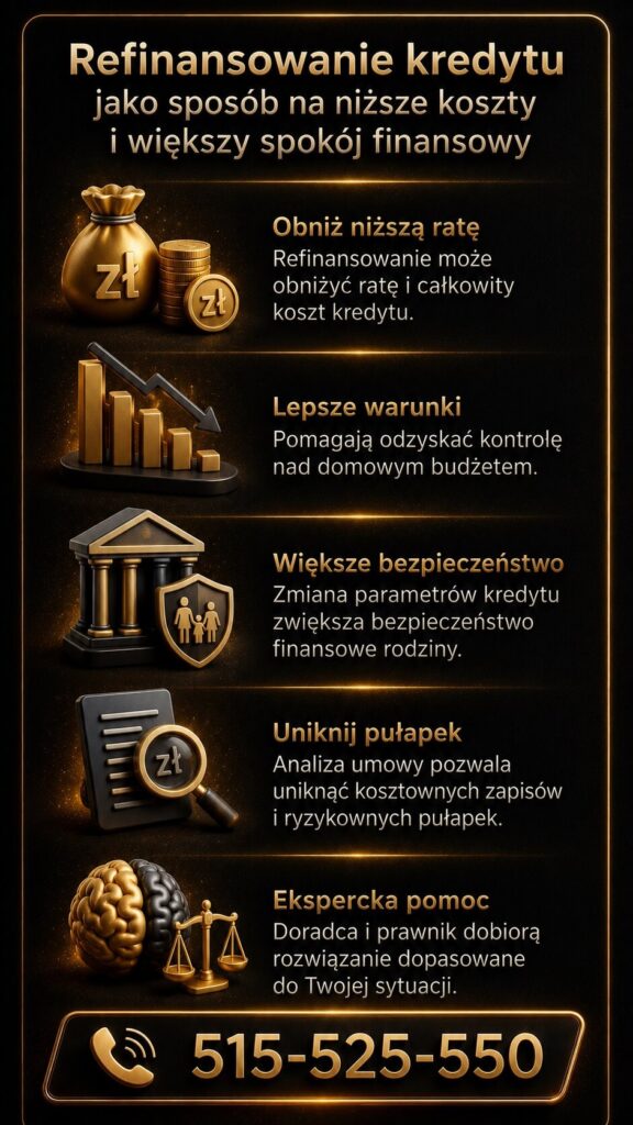 Refinansowanie kredytu jako sposób na niższe raty, lepsze warunki finansowania i większe bezpieczeństwo domowego budżetu. Grafika pokazuje korzyści refinansowania kredytu, analizę umowy, wsparcie eksperta kredytowego i pomoc prawną przy zmianie warunków zobowiązania.