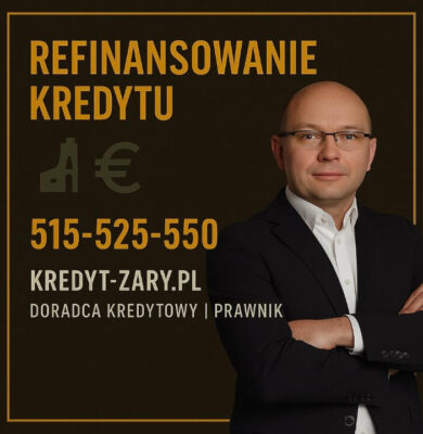 Grafika przedstawiająca doradcę kredytowego i prawnika oraz tytuł „Refinansowanie kredytu”, z numerem telefonu 515-525-550 i adresem kredyt-zary.pl. Projekt w ciemnej kolorystyce ze złotymi akcentami symbolizuje profesjonalne doradztwo przy refinansowaniu kredytu.