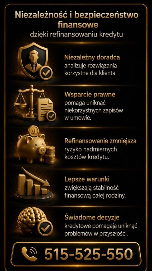 Obniżenie raty kredytu zwiększa bezpieczeństwo finansowe i pomaga uniknąć nadmiernych kosztów zobowiązania. Grafika prezentuje niezależne doradztwo kredytowe, wsparcie prawne, stabilność budżetu oraz świadome decyzje finansowe.