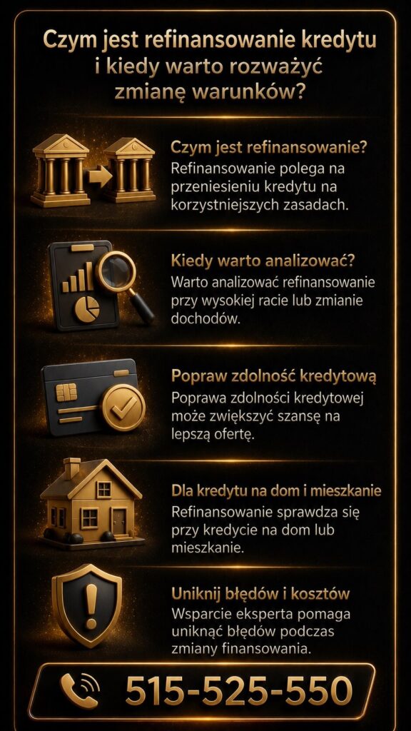 Refinansowanie kredytu – czym jest i kiedy warto rozważyć zmianę warunków finansowania. Grafika przedstawia analizę zdolności kredytowej, zmianę banku, poprawę warunków spłaty oraz wsparcie eksperta przy refinansowaniu kredytu hipotecznego i mieszkaniowego.