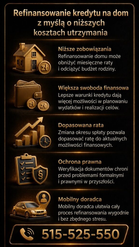 Refinansowanie kredytu na dom pozwala zmniejszyć miesięczne zobowiązania, poprawić płynność finansową i dopasować ratę do aktualnej sytuacji. Grafika pokazuje ochronę prawną, analizę dokumentów oraz mobilne wsparcie doradcy kredytowego.