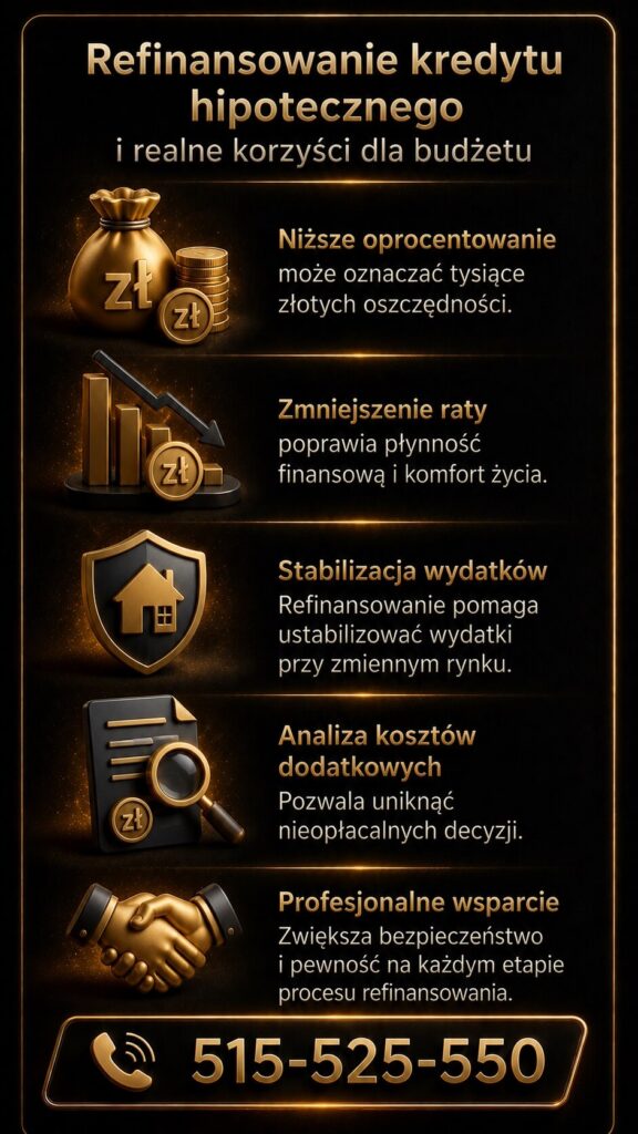 Refinansowanie kredytu hipotecznego pomaga obniżyć oprocentowanie, zmniejszyć miesięczną ratę i ustabilizować domowy budżet. Grafika prezentuje analizę kosztów dodatkowych, bezpieczeństwo finansowe oraz profesjonalne wsparcie doradcy kredytowego.